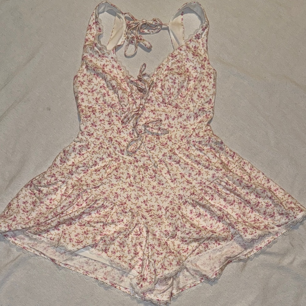 Altar'd State Cream Floral Lace-Trim Romper